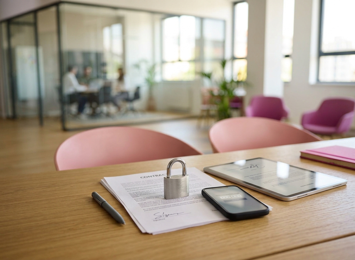Lacăt pe un contract semnat lângă tabletă și telefon cu cod de verificare — securitate juridică și autentificare dublă