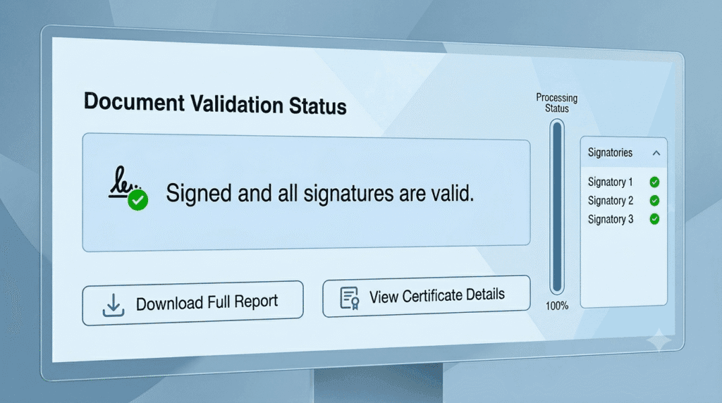 Pagina care arata ca semnatura este verificata in Adobe