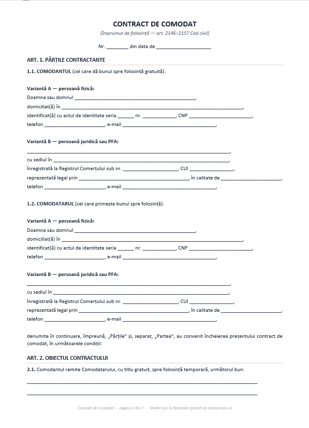 Prima pagină a modelului de contract de comodat în format Word