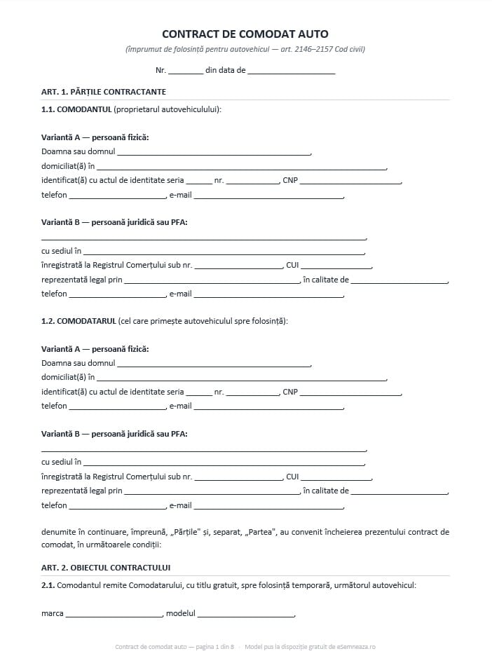Prima pagină a modelului de contract de comodat auto în format Word