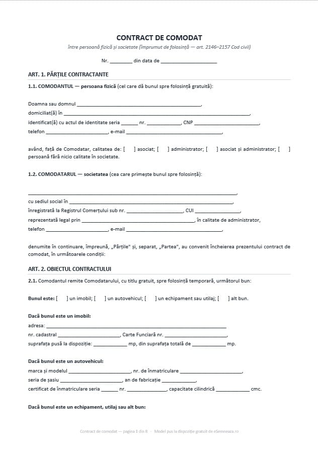 Prima pagină a modelului de contract de comodat între persoană fizică și societate
