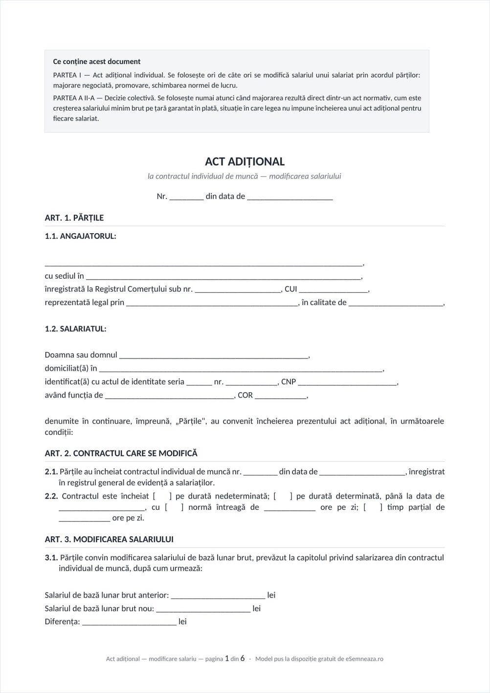 Prima pagină a modelului de act adițional pentru modificarea salariului