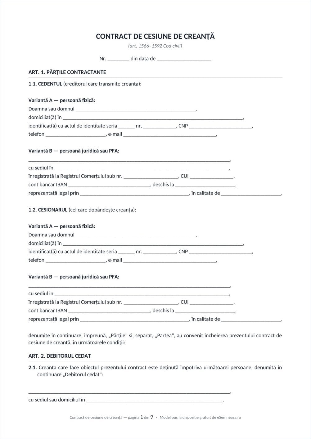 Prima pagină a modelului de contract de cesiune de creanță