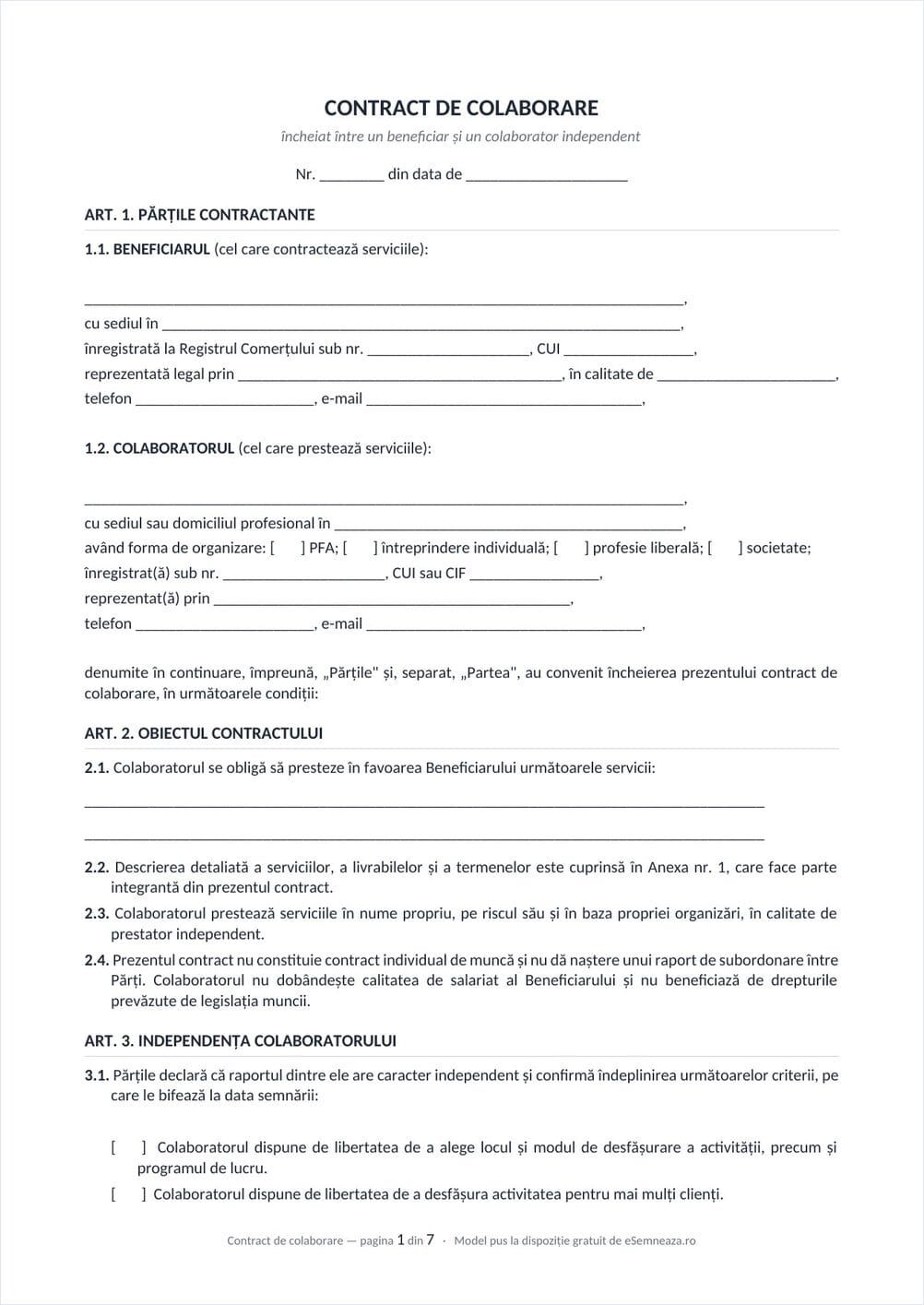 Prima pagină a modelului de contract de colaborare în format Word