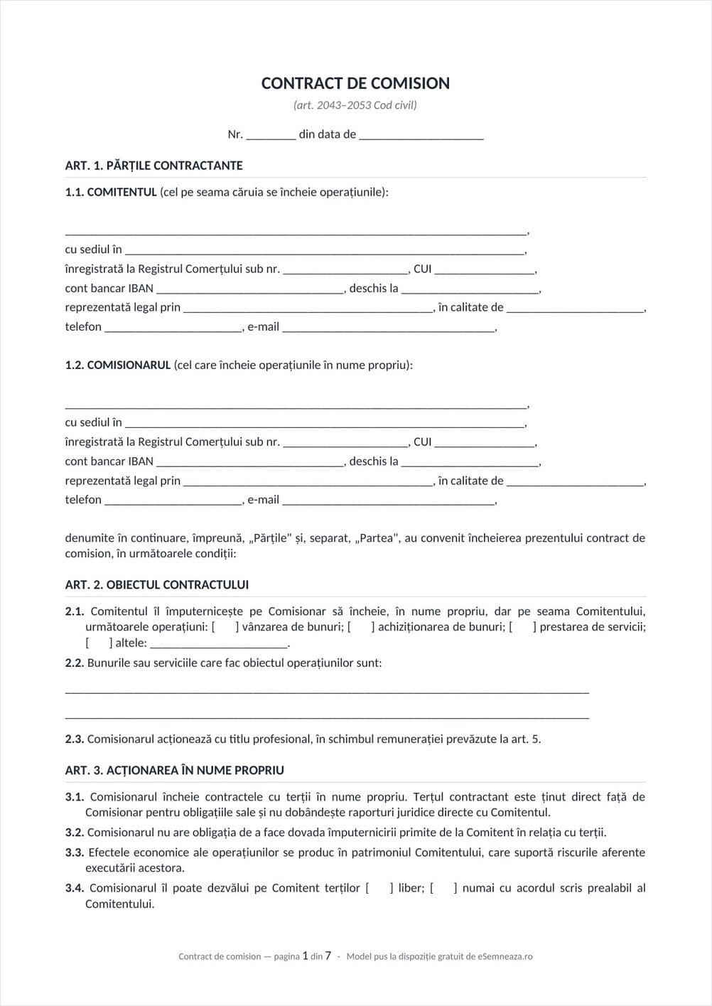 Prima pagină a modelului de contract de comision