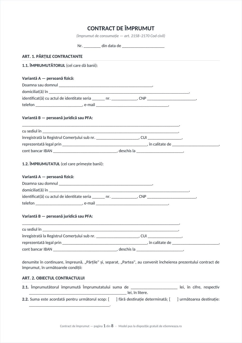 Prima pagină a modelului de contract de împrumut în format Word