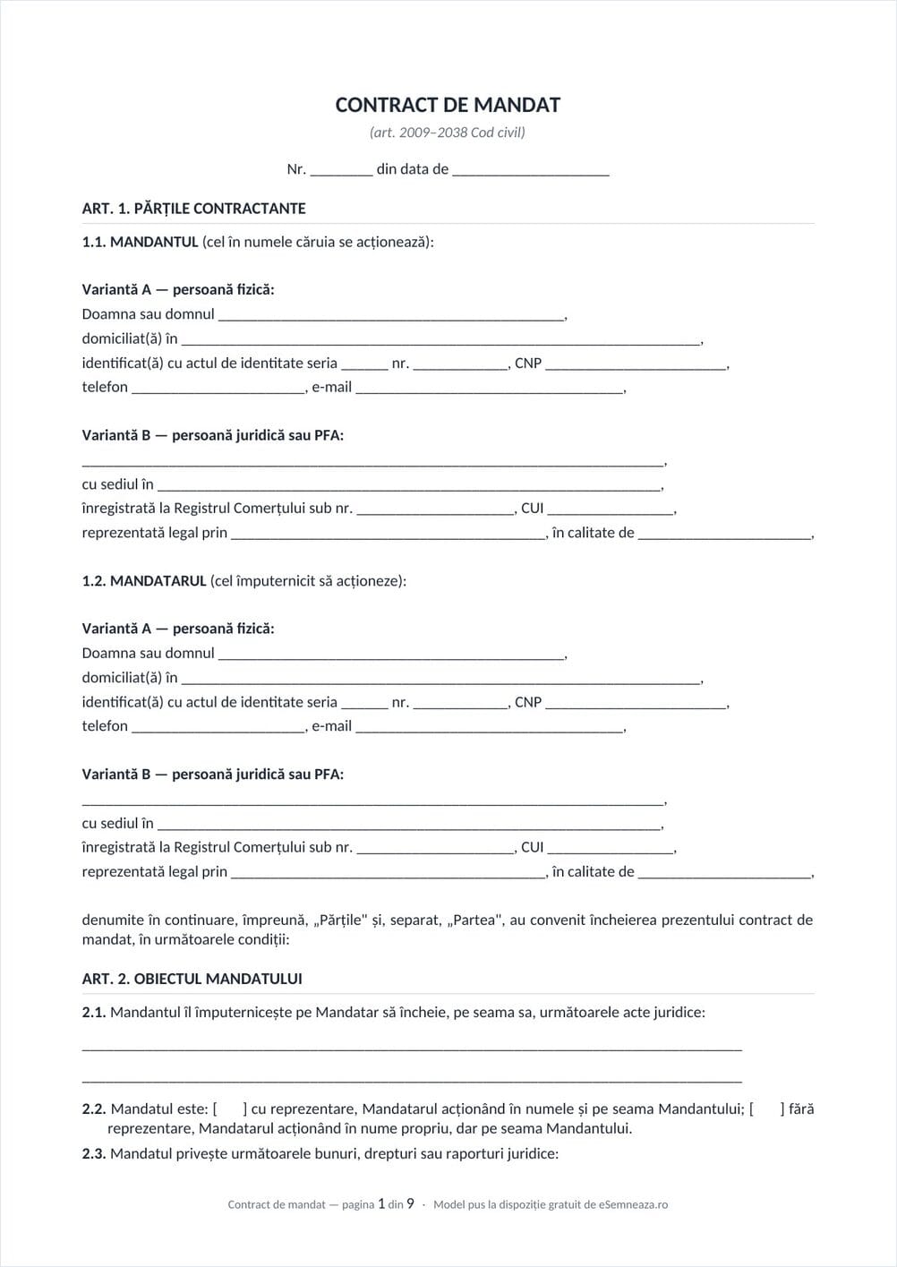 Prima pagină a modelului de contract de mandat în format Word