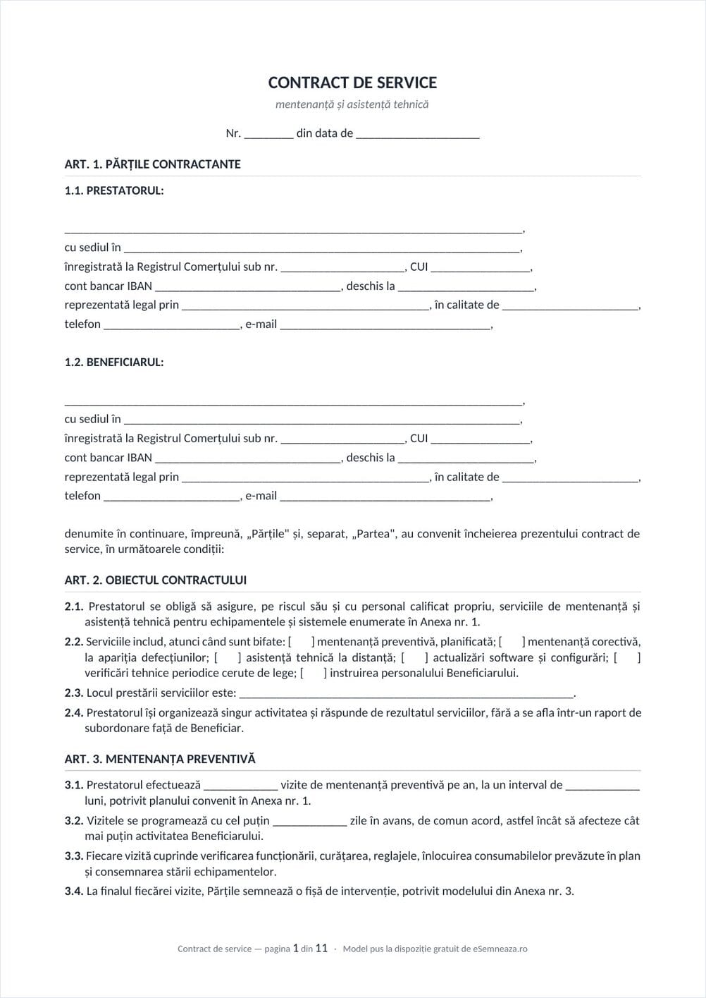 Prima pagină a modelului de contract de service în format Word