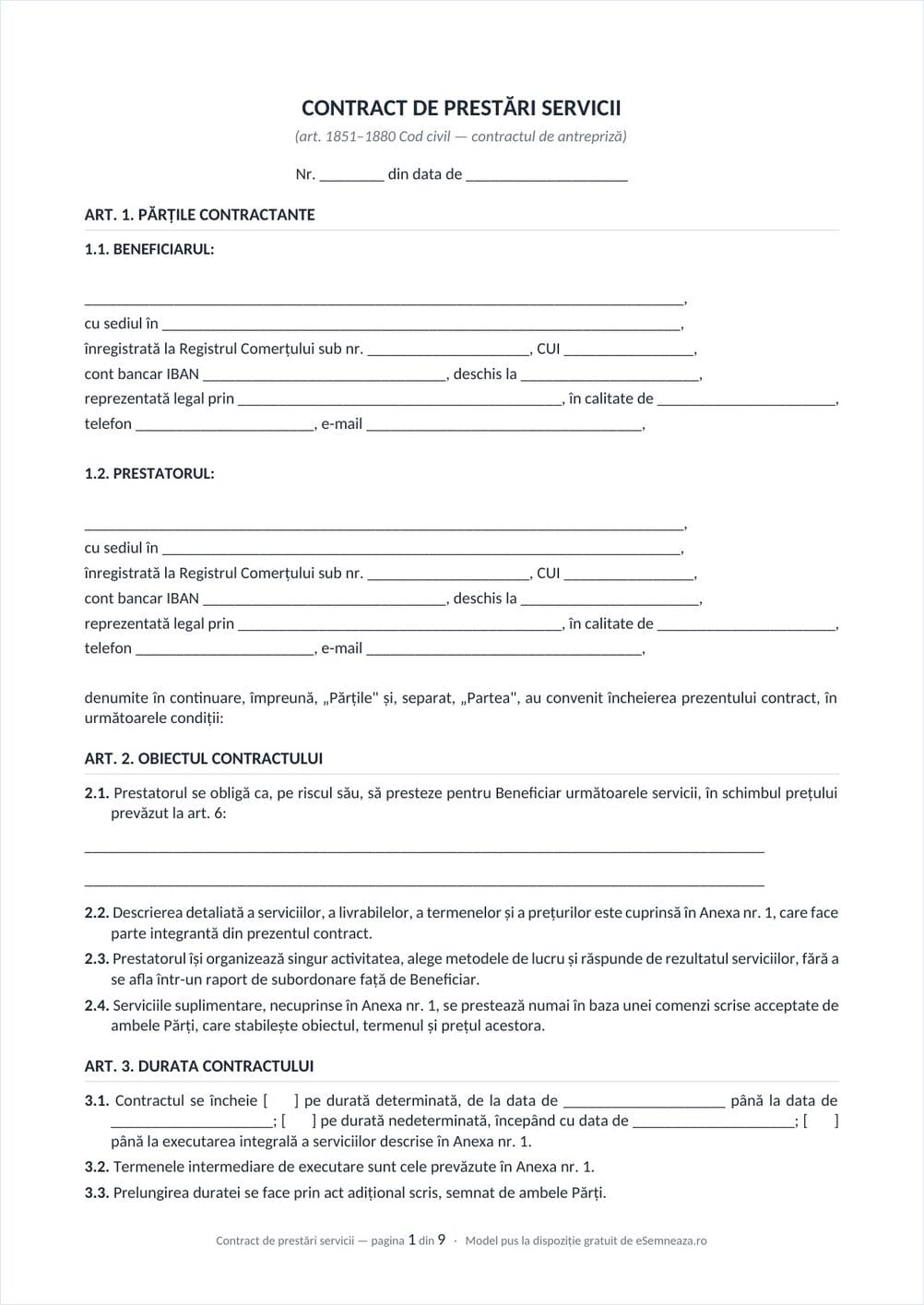 Prima pagină a modelului de contract de prestări servicii în format Word