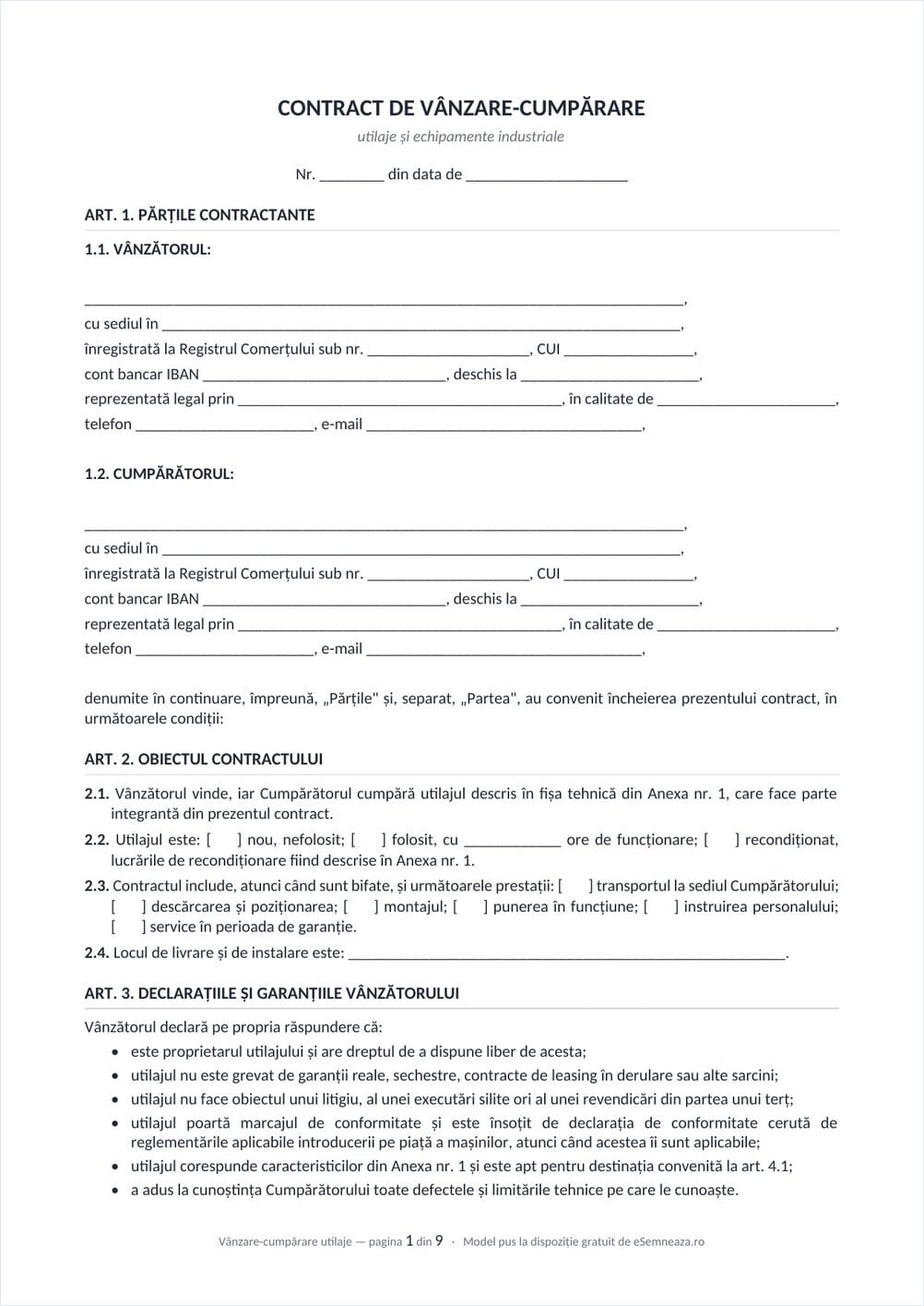 Prima pagină a modelului de contract de vânzare-cumpărare pentru utilaje