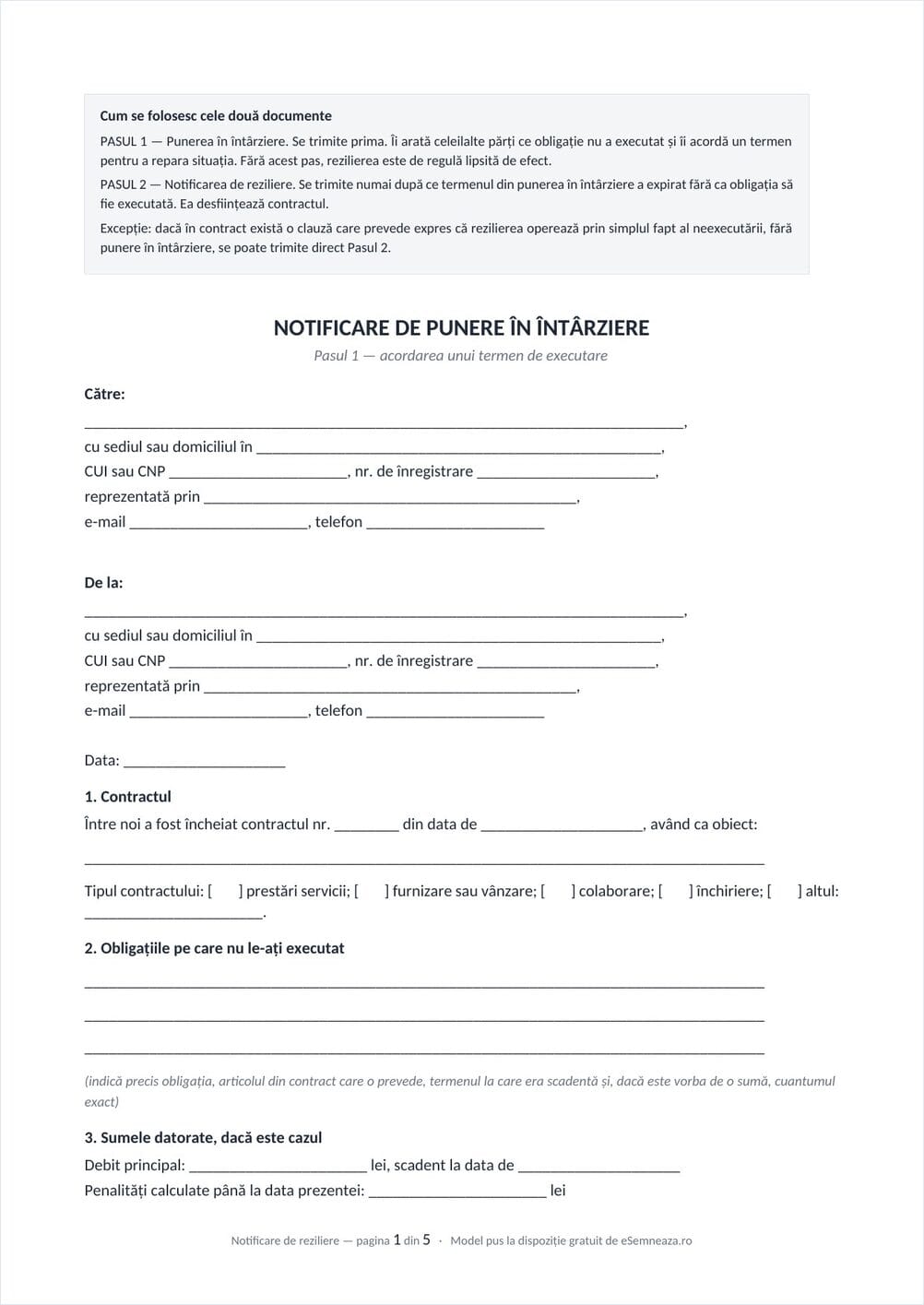 Prima pagină a modelului de notificare de reziliere a contractului