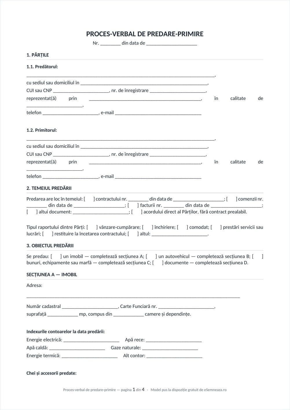 Prima pagină a modelului de proces-verbal de predare-primire